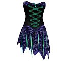 Black And Purple Corset Dress With Green Laces And Decorative Fringe Skirt