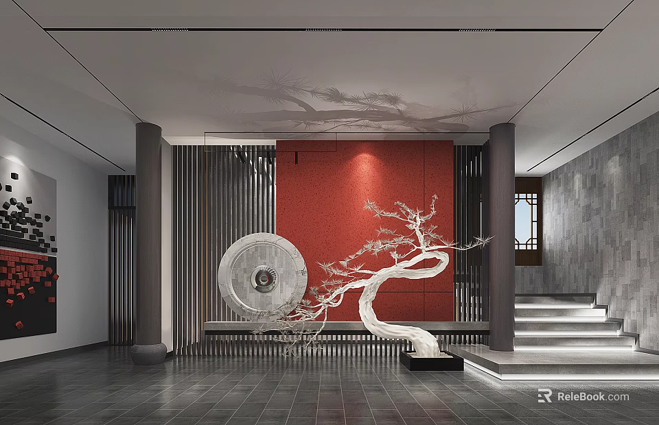 Chinese Style Shop Front Desk With Red Wall White Tree Decoration And Circular Ornament 3d model 