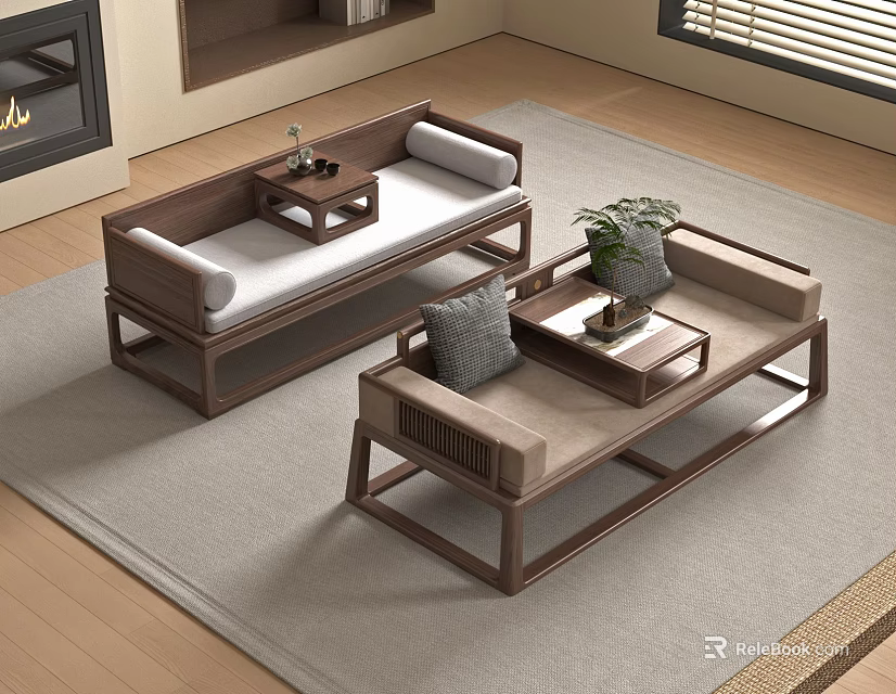Traditional Chinese Luohan Beds With Wooden Frame Soft Cushions And Side Tables In Living Room 3d model 