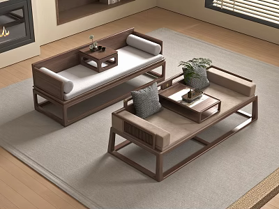 Traditional Chinese Luohan Beds With Wooden Frame Soft Cushions And Side Tables In Living Room 3d model