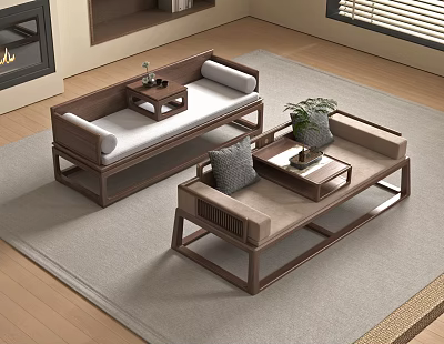 Traditional Chinese Luohan Beds With Wooden Frame Soft Cushions And Side Tables In Living Room 3d model