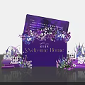 Welcome Home Greeting Setup With Purple Backdrop And Floral Arrangements In Outdoor Scene