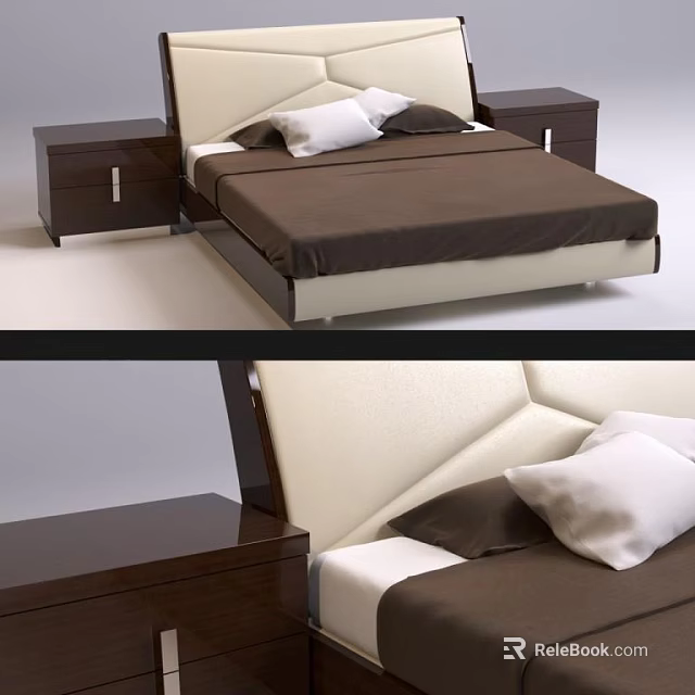 Modern Double Bed With White Headboard Brown Mattress And Wooden Nightstands 3d model 