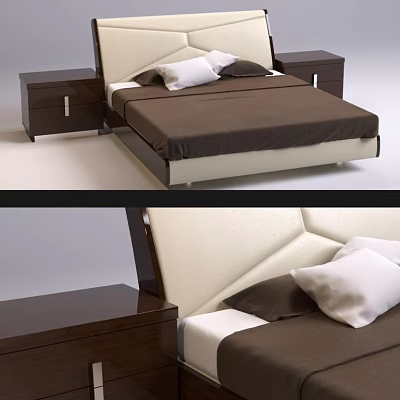 Modern Double Bed With White Headboard Brown Mattress And Wooden Nightstands 3d model