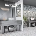 Modern Reception Desk with Stone Wall Background Metal Accents Spherical Base Potted Plant and MacBook