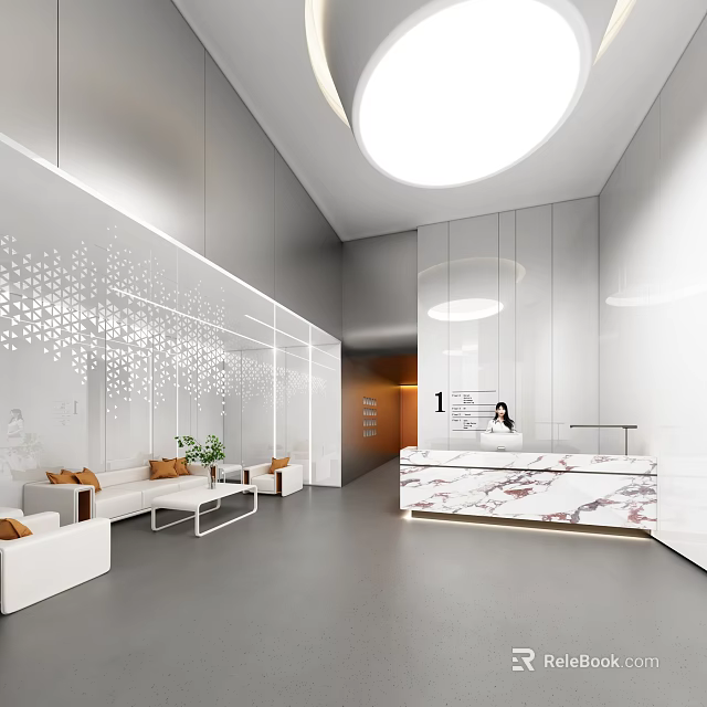 Modern Front Desk Reception Area With Marble Countertop White Sofas And Circular Ceiling Light 3d model 