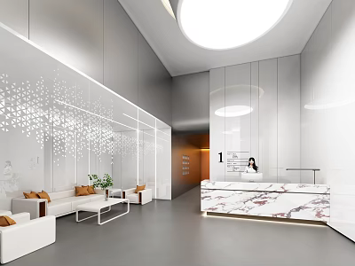 Modern Front Desk Reception Area With Marble Countertop White Sofas And Circular Ceiling Light 3d model