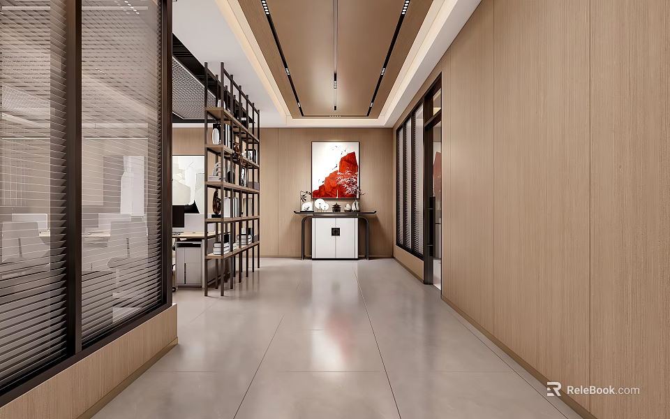 Modern Public Office Space Interior With Open Layout Bookshelves Desks And Art Decor 3d model 