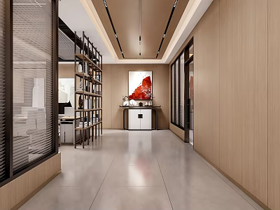 Modern Public Office Space Interior With Open Layout Bookshelves Desks And Art Decor 3d model