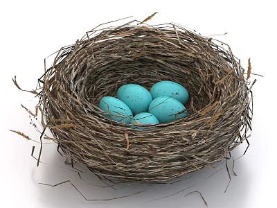 Natural Straw Nest Decorative Ornament Set With Turquoise Eggs For Home Decor 3d model