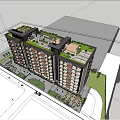 Modern Multi Story Apartment Building With Balconies Greenery People Walking And Parked Cars