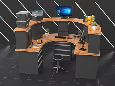 Curved Office Desk With Wooden Top Black Cabinets Computer Monitor Printers And Office Supplies 3d model
