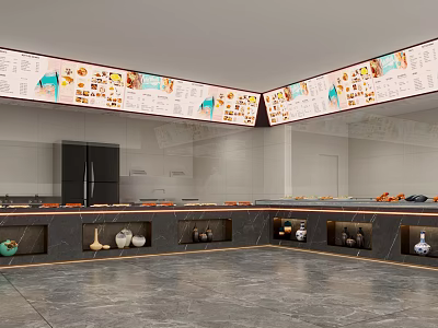 Modern Restaurant Buffet Counter With Food Display And Decorative Vases 3d model