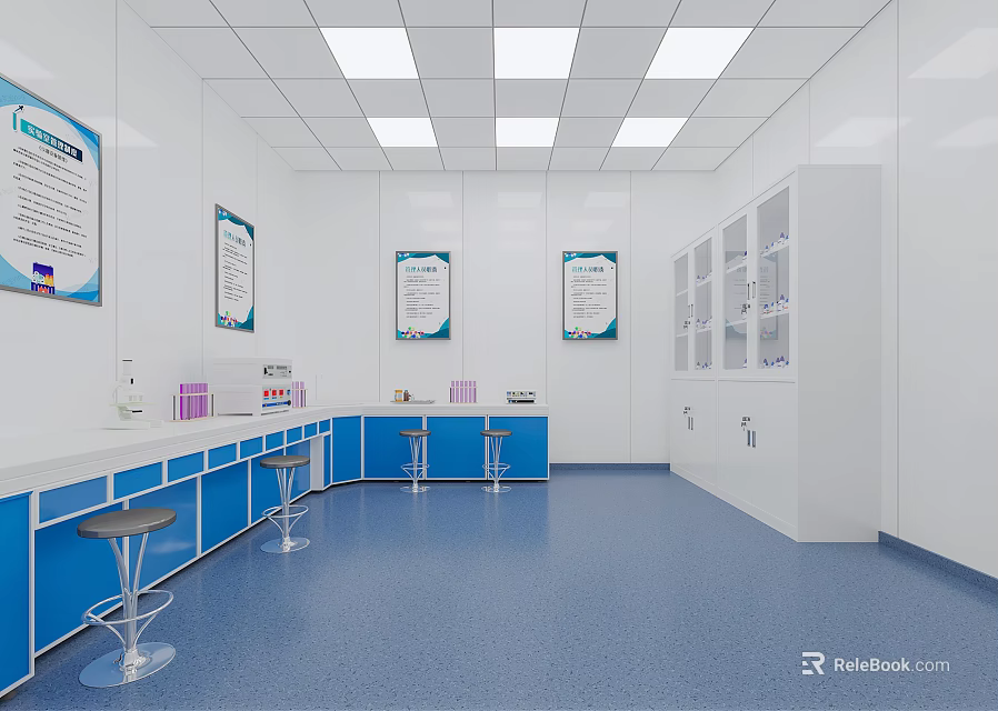 Clean Lab Interior With White Benches Blue Cabinets Stools And Square Lights 3d model