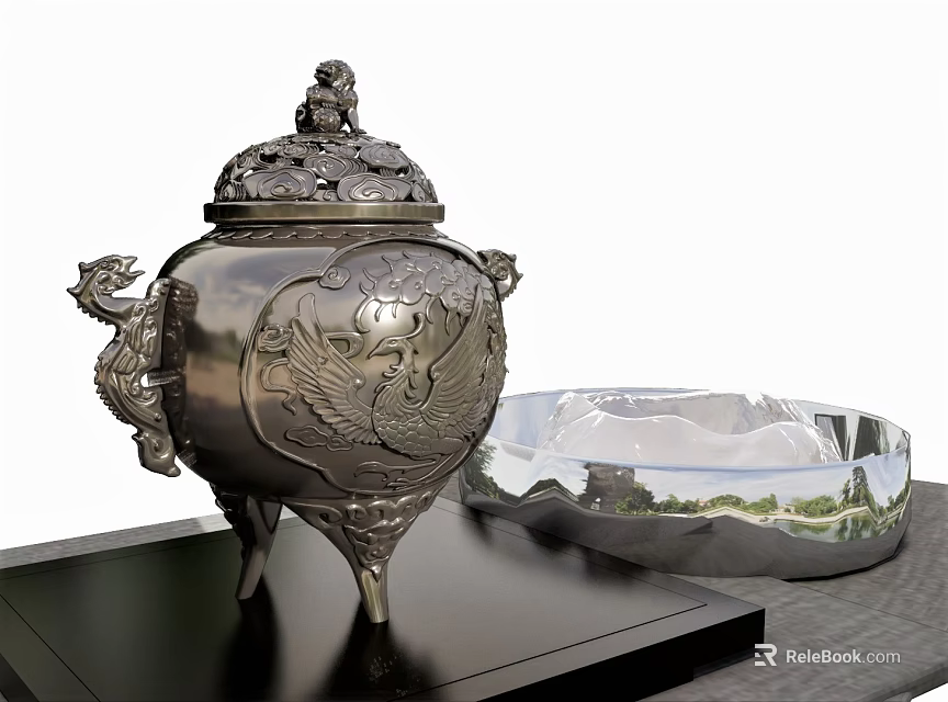 Silver Ornament Decor Set with Carved Phoenix Lidded Container and Transparent Tray on Black Base 3d model 