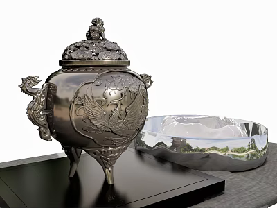 Silver Ornament Decor Set with Carved Phoenix Lidded Container and Transparent Tray on Black Base 3d model