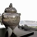 Silver Ornament Decor Set with Carved Phoenix Lidded Container and Transparent Tray on Black Base