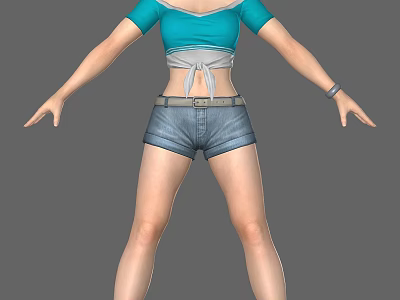 Woman wearing blue cropped top and denim shorts with arms outstretched and waist tie detail 3d model