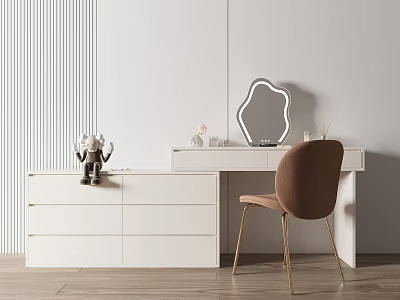 Modern White Dressing Table Interior Design with Drawers Unique Mirror and Brown Chair 3d model