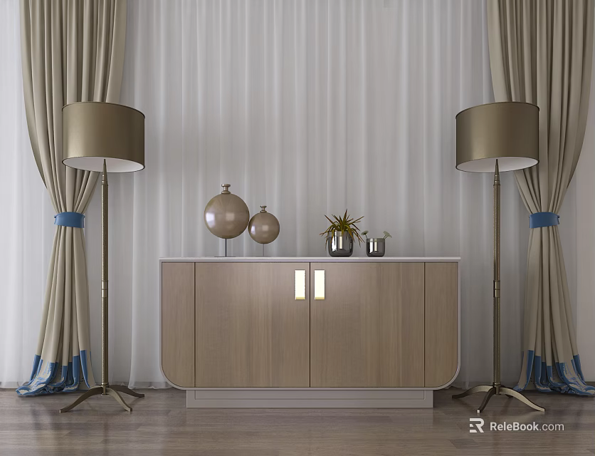 Home Entrance Wooden Console Sideboard Cabinet With Gold Floor Lamps And Decorative Ornaments 3d model 