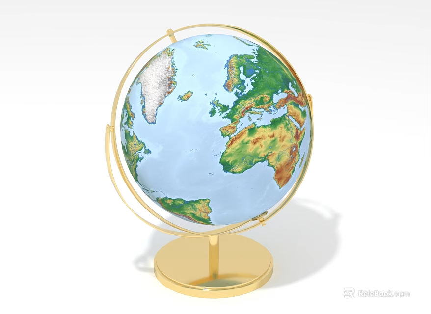 Decorative Globe Ornament Set with Golden Stand Base and Colorful Geographic Details for Home 3d model 