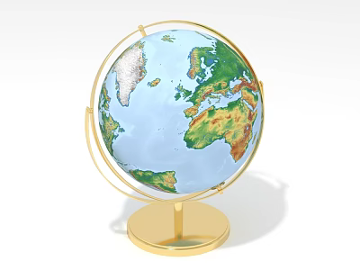 Decorative Globe Ornament Set with Golden Stand Base and Colorful Geographic Details for Home 3d model