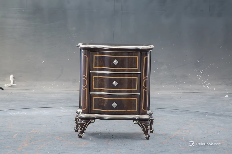 Classic Dark Wood Bedside Table With Gold Trim Three Drawers And Carved Legs 3d model 