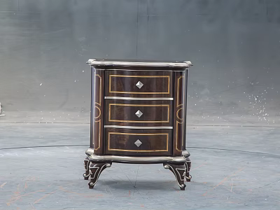Classic Dark Wood Bedside Table With Gold Trim Three Drawers And Carved Legs 3d model