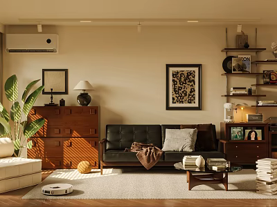 Living Dining Room Interior With Black Leather Sofa Green Plant Decorative Painting And Wooden Bookshelf 3d model