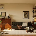 Living Dining Room Interior With Black Leather Sofa Green Plant Decorative Painting And Wooden Bookshelf