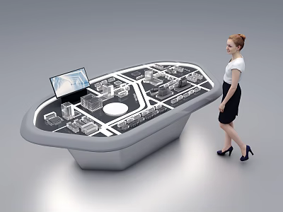 Modern Commercial Equipment Console With Multiple Devices Monitor And Standing Woman 3d model