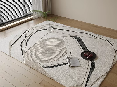 Square Rug With Geometric Design In Room With Wooden Floor And Decor 3d model