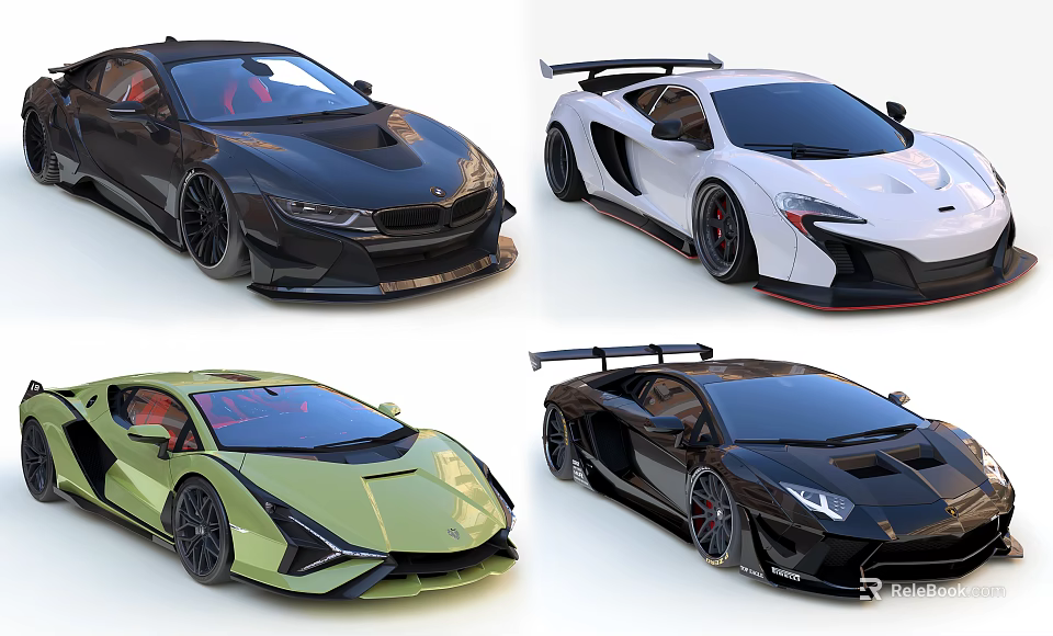 Luxury Sports Cars In Black White Green With Sleek Exteriors And Stylish Designs 3d model 