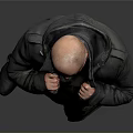 Bald Man Adjusting Collar Of Dark Coat Standing Against Gray Background