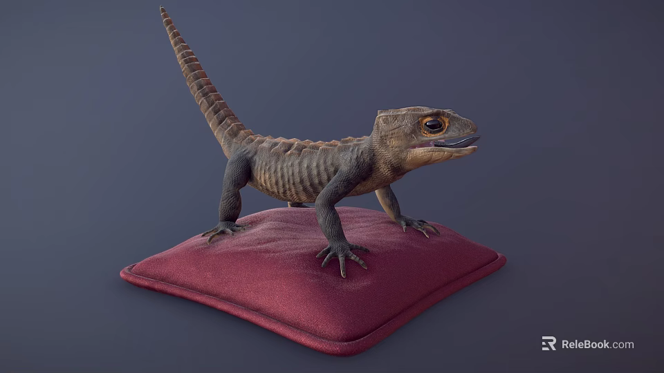 Brown Lizard Standing On Red Cushion With Large Eyes And Textured Skin 3d model 
