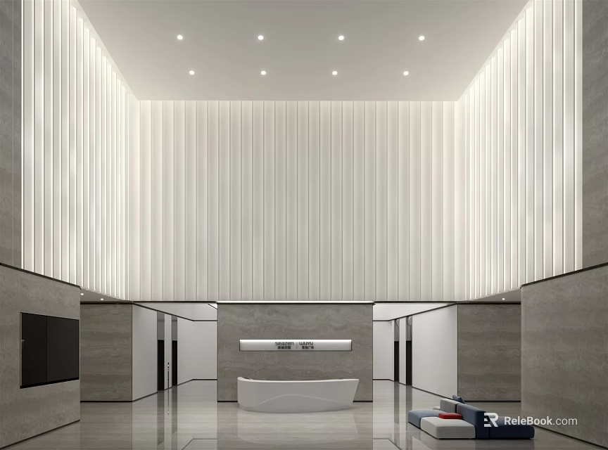 Modern Lobby Reception Desk With White Minimalist Design And Spacious Soft Lighting 3d model 