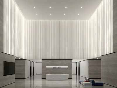 Modern Lobby Reception Desk With White Minimalist Design And Spacious Soft Lighting 3d model
