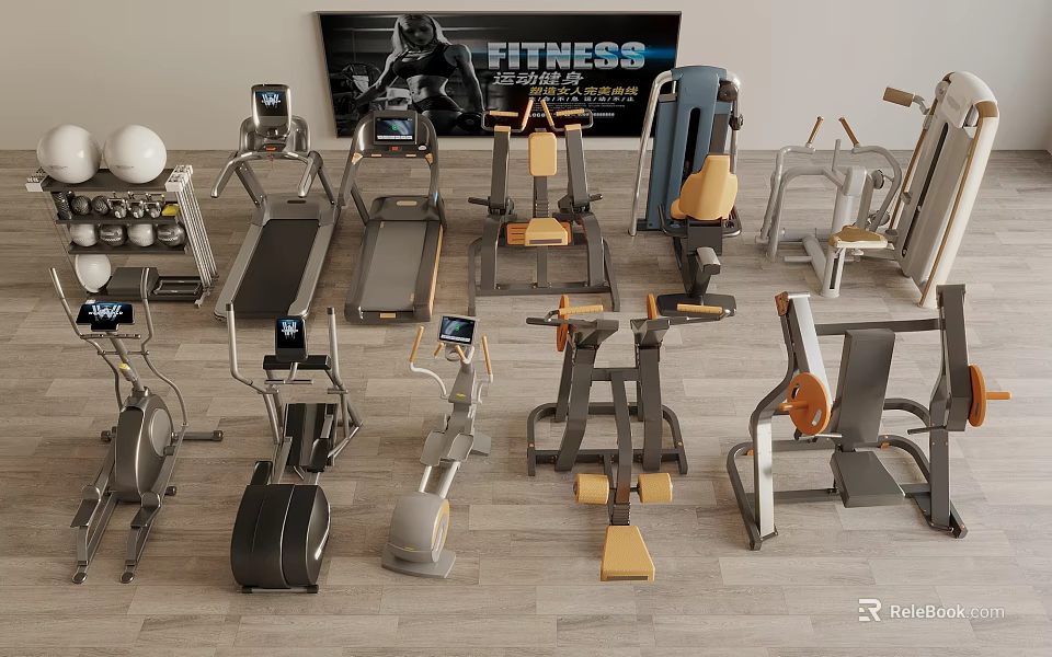 Modern Fitness Equipment Display With Treadmills Exercise Bikes And Weight Machines 3d model 
