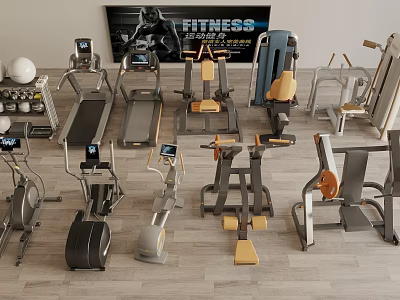 Modern Fitness Equipment Display With Treadmills Exercise Bikes And Weight Machines 3d model