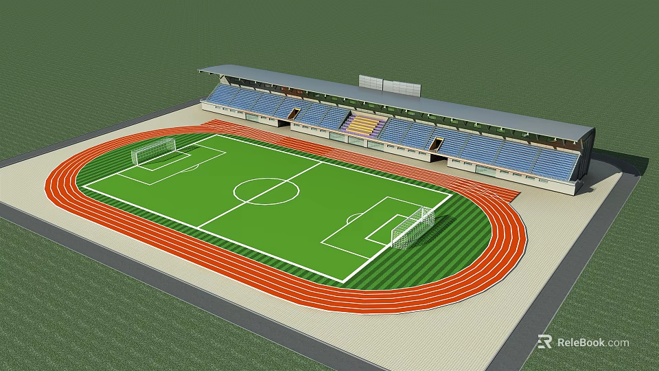 Outdoor Football Field With Green Grass White Lines Red Running Track And Blue Stands 3d model 