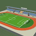 Outdoor Football Field With Green Grass White Lines Red Running Track And Blue Stands