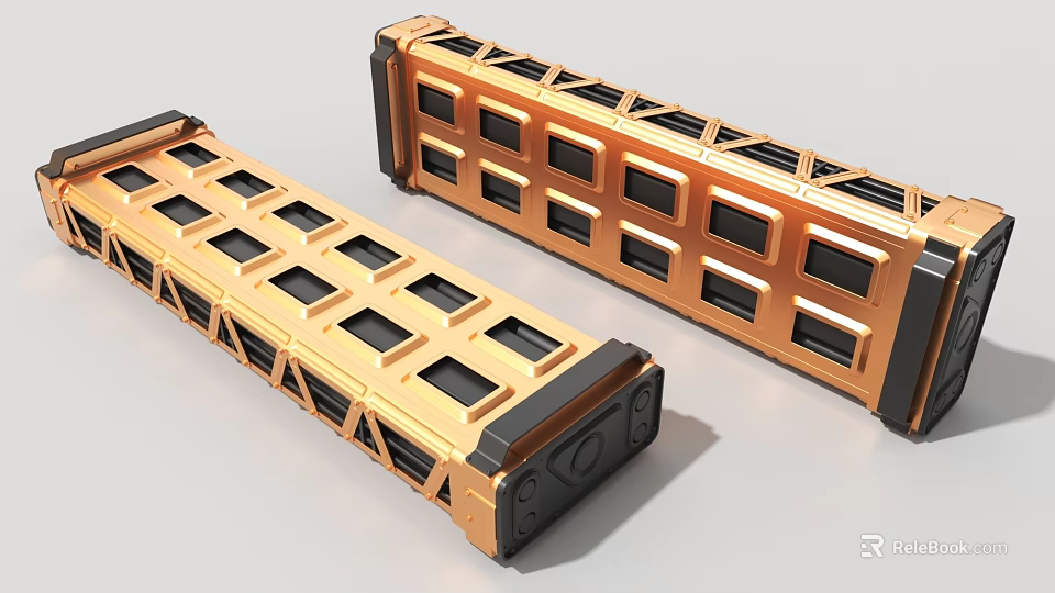 Gold And Black Rectangular Industrial Equipment With Modular Structure And Square Windows 3d model