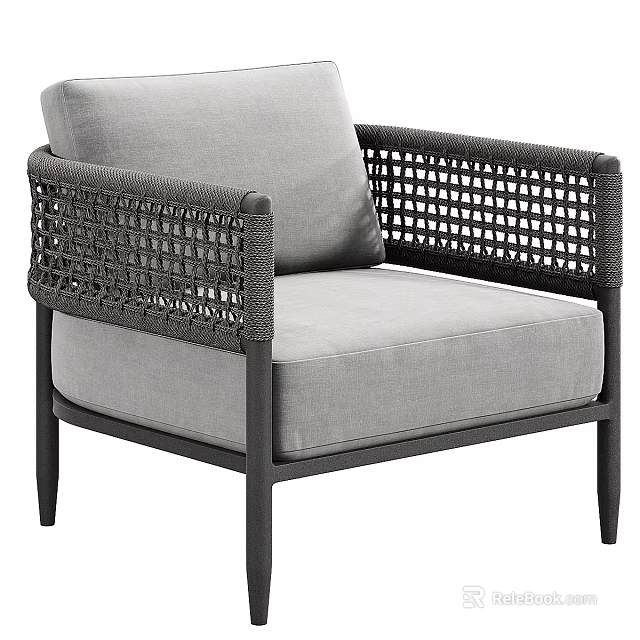 Modern Gray Lounge Chair With Woven Armrests And Black Metal Frame 3d model 