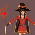 3D Witch Character Wearing Red Robe Black Hat Holding Staff With Red Orb