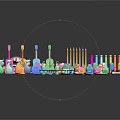 Vibrant Decorative Ornaments Set With Various Shapes Including Musical Instruments Shoes Balls And Pencils