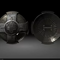 Medieval Metal Shield Two Sides Show Intricate Cross And Radial Decorative Designs
