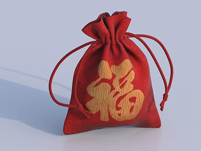 Traditional Chinese Style Decorative Ornament Set With Red Drawstring Pouch And Golden Fortune Character 3d model