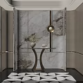 Elegant Modern Entrance Hallway With Marble Wall Round Clock Glass Top Console Table Geometric Rug