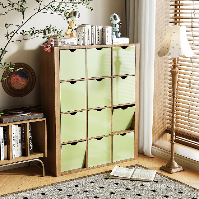 Green Wooden Chest of Drawers with Decorative Items Plant and Lamp in Cozy Room 3d model 