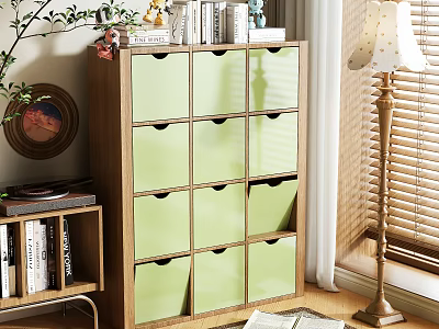 Green Wooden Chest of Drawers with Decorative Items Plant and Lamp in Cozy Room 3d model